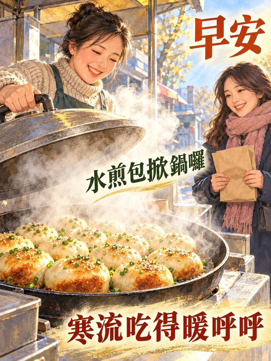 水煎包掀鍋蓋。圖中文字：早安，水煎包掀鍋囉，寒流吃得暖呼呼