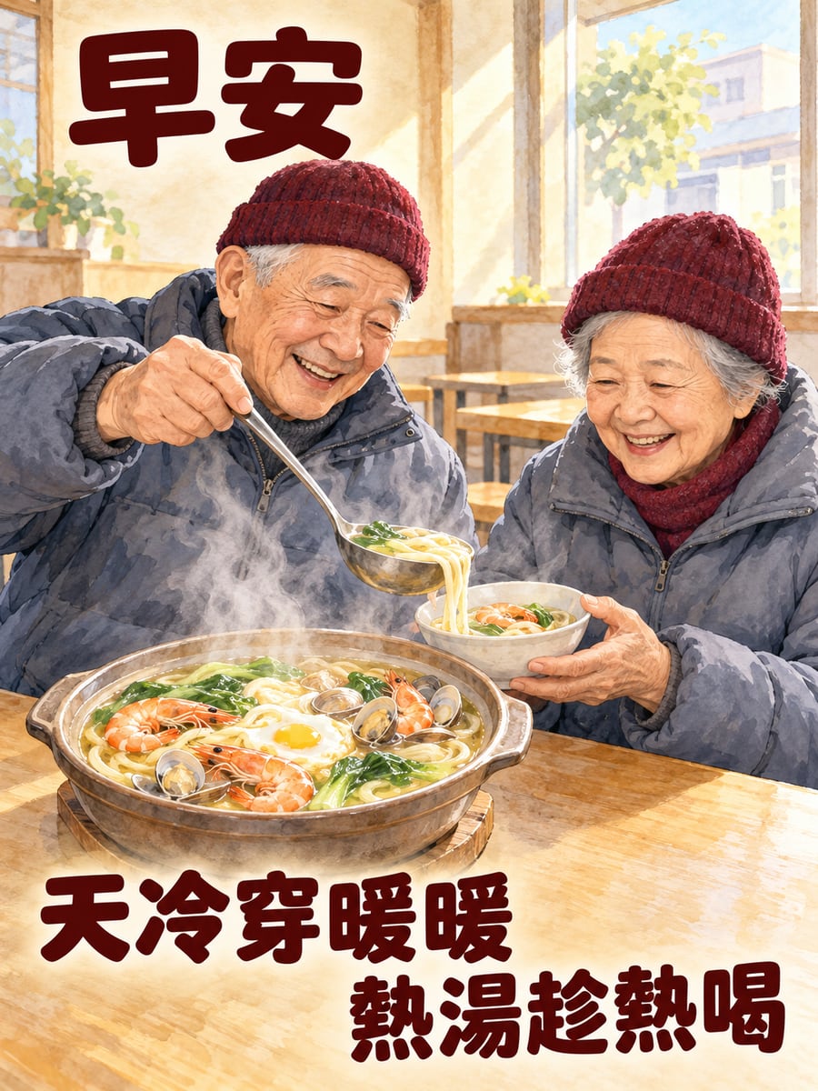 兩老分吃鍋燒麵。圖中文字：早安，天冷穿暖暖，熱湯趁熱喝