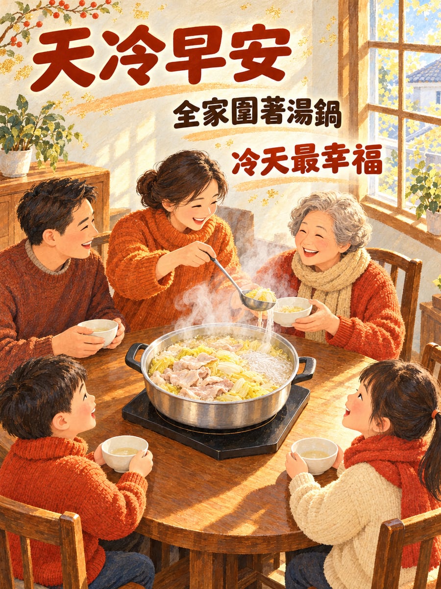 全家圍著酸菜白肉鍋。圖中文字：天冷早安，全家圍著湯鍋，冷天最幸福