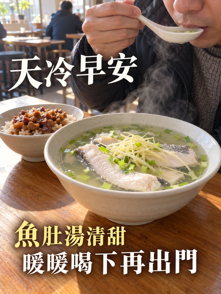 早餐的虱目魚肚湯。圖中文字：天冷早安，魚肚湯清甜，暖暖喝下再出門