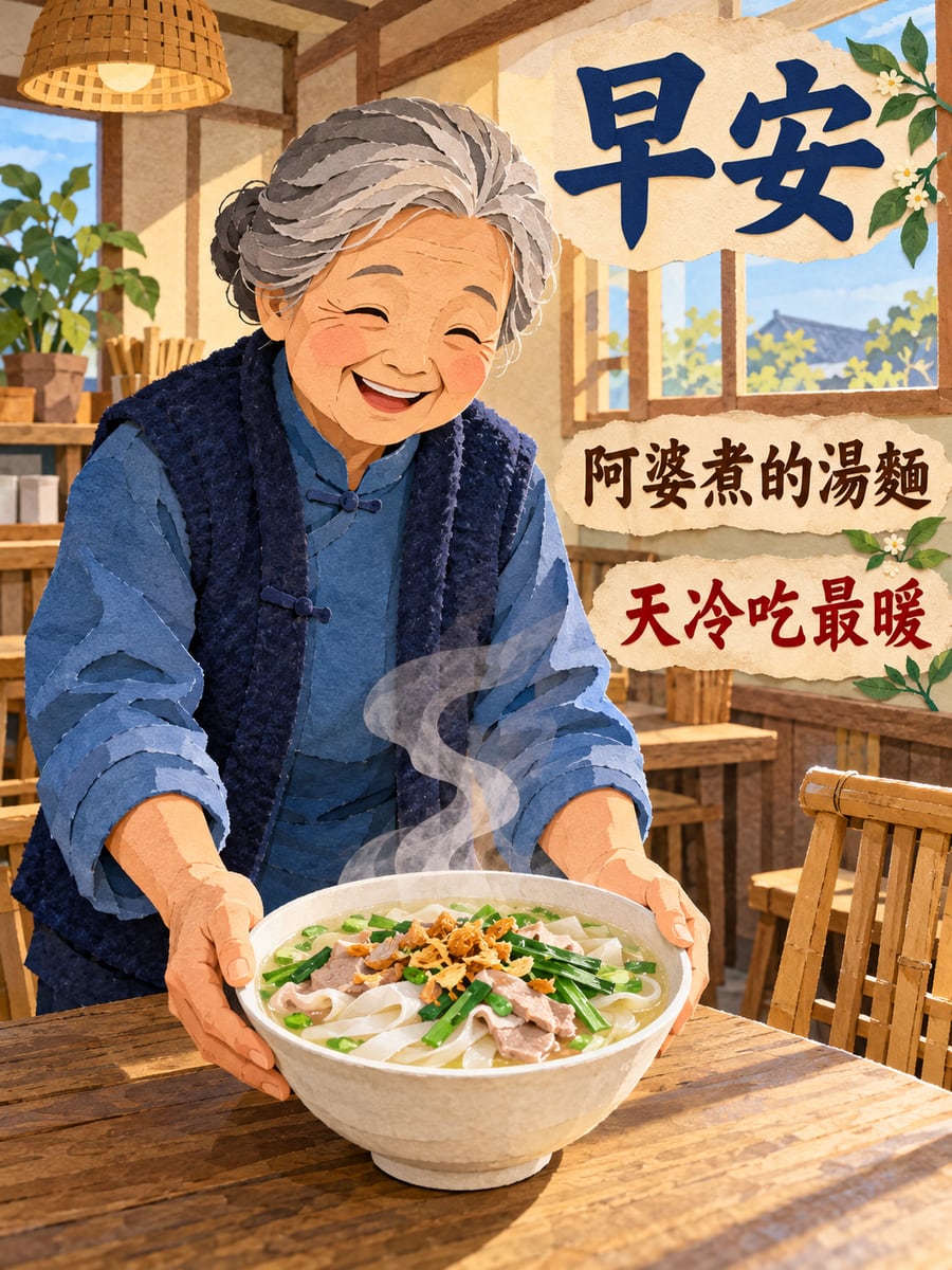 阿婆的客家粄條湯。圖中文字：早安，阿婆煮的湯麵，天冷吃最暖
