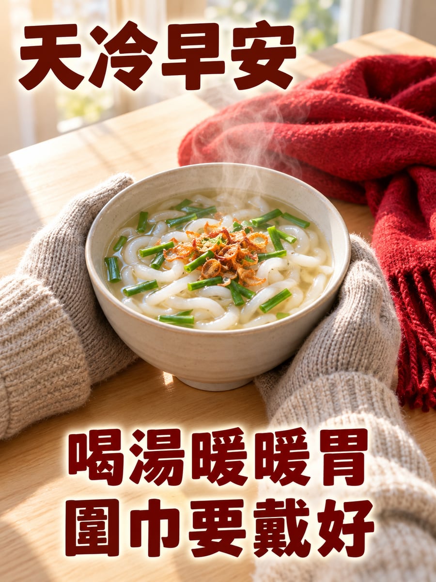 一碗熱湯麵暖暖胃。圖中文字：天冷早安，喝湯暖暖胃，圍巾要戴好