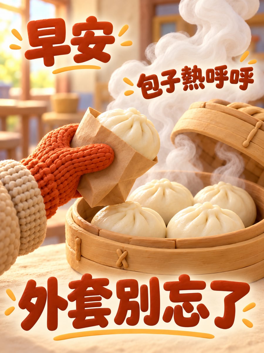 竹蒸籠冒白煙。圖中文字：早安，包子熱呼呼，外套別忘了