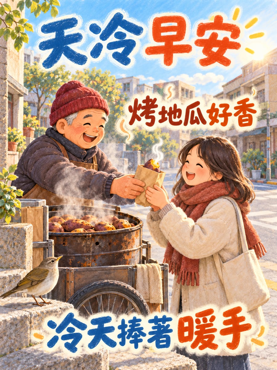 白腹鶇來聞烤地瓜。圖中文字：天冷早安，烤地瓜好香，冷天捧著暖手