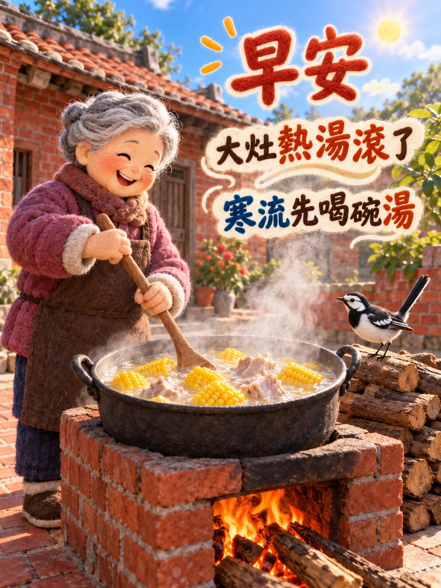 白鶺鴒陪阿嬤顧大灶。圖中文字：早安，大灶熱湯滾了，寒流先喝碗湯