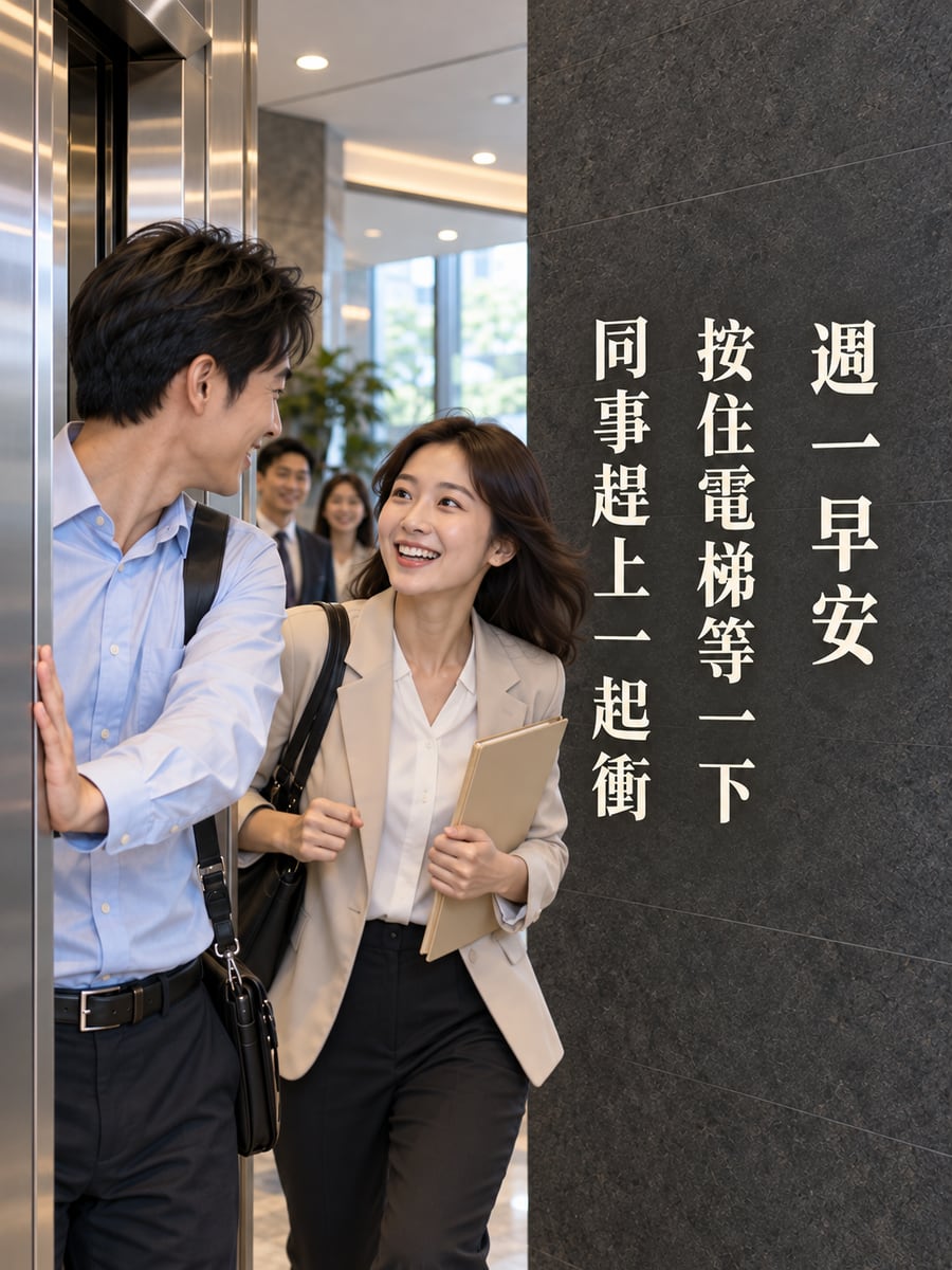 按住電梯門。圖中文字：週一早安，按住電梯等一下，同事趕上一起衝