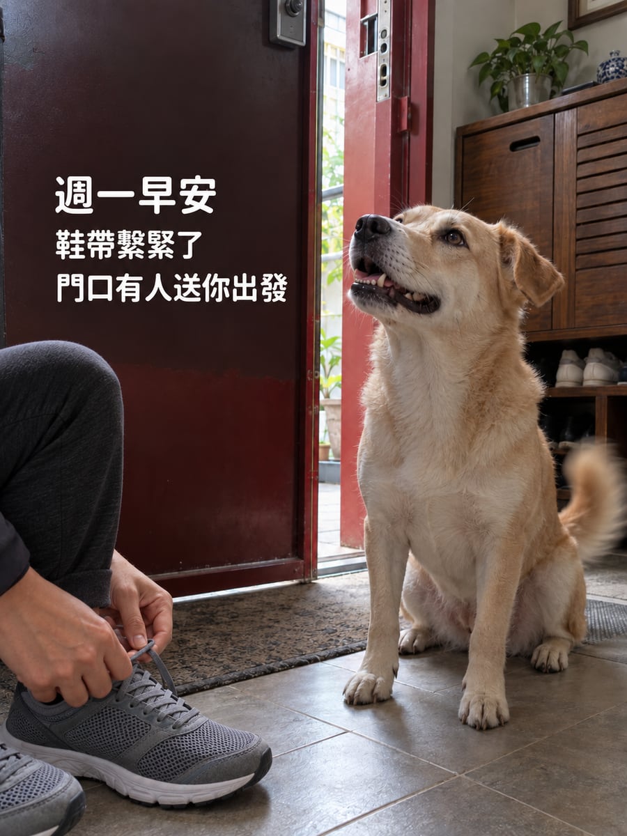 門口送行的狗。圖中文字：週一早安，鞋帶繫緊了，門口有人送你出發