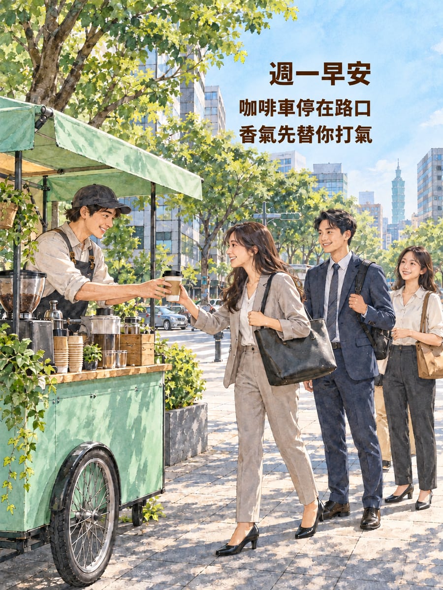 路口咖啡車。圖中文字：週一早安，咖啡車停在路口，香氣先替你打氣