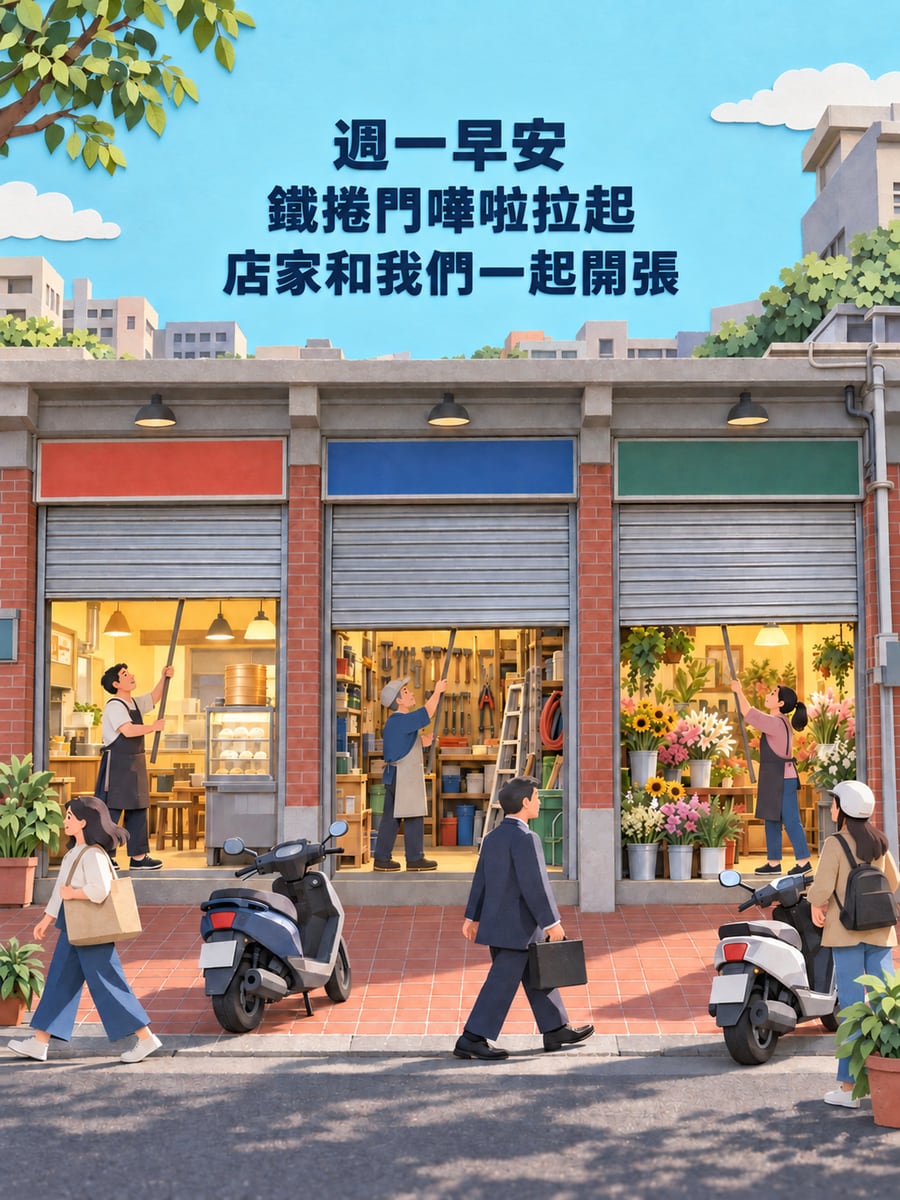 鐵捲門拉起。圖中文字：週一早安，鐵捲門嘩啦拉起，店家和我們一起開張