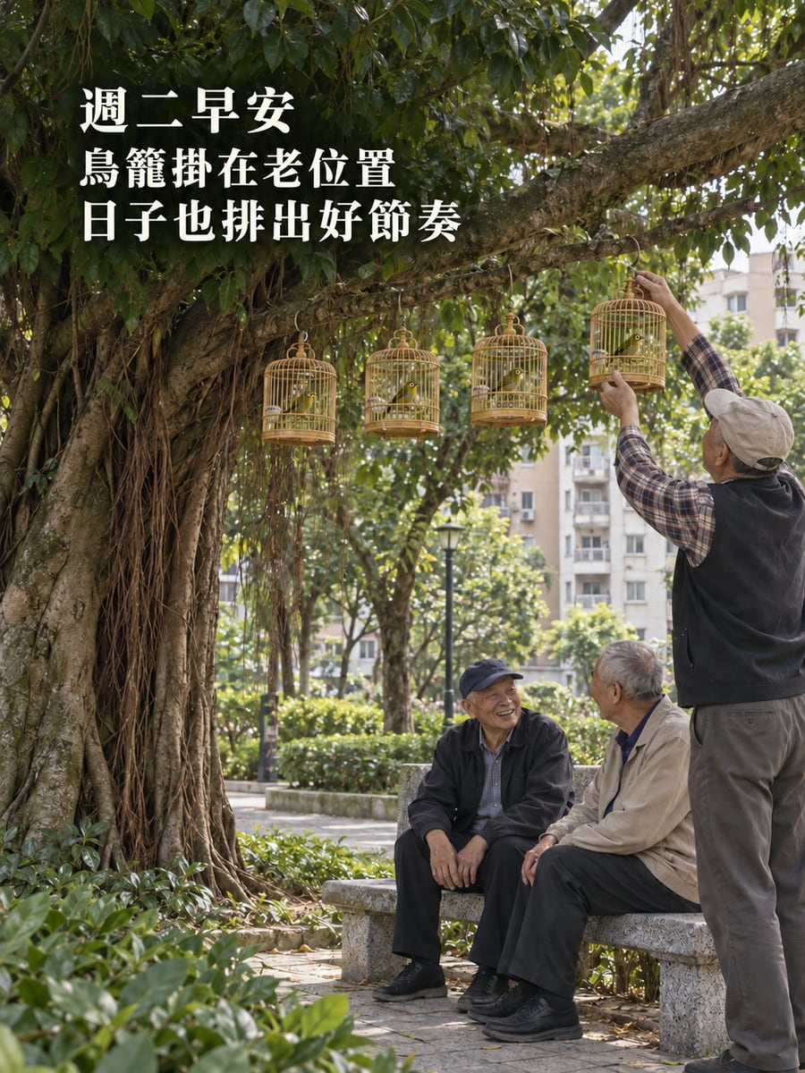 榕樹下的鳥籠。圖中文字：週二早安，鳥籠掛在老位置，日子也排出好節奏
