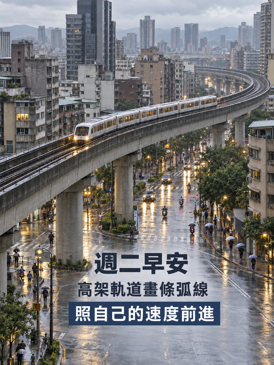 高架捷運弧線。圖中文字：週二早安，高架軌道畫條弧線，照自己的速度前進