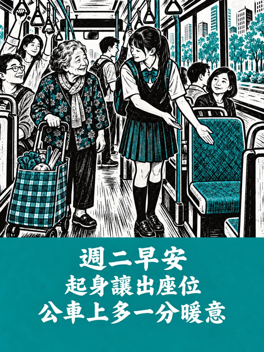 公車上讓座。圖中文字：週二早安，起身讓出座位，公車上多一分暖意
