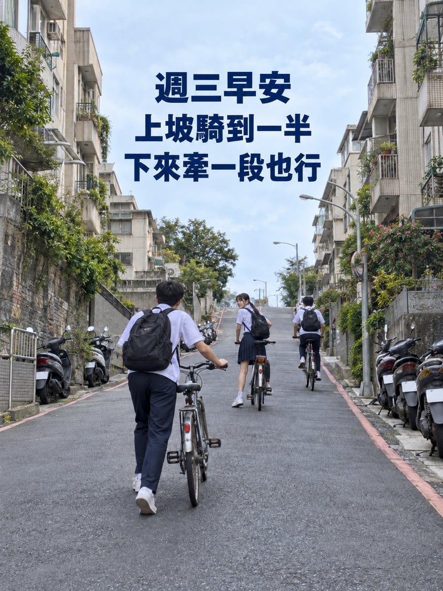 上坡牽車。圖中文字：週三早安，上坡騎到一半，下來牽一段也行