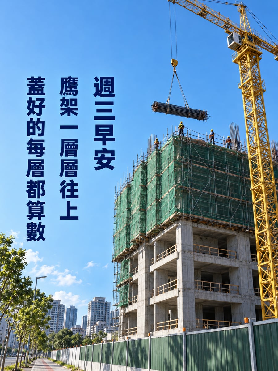 蓋到一半的大樓。圖中文字：週三早安，鷹架一層層往上，蓋好的每層都算數