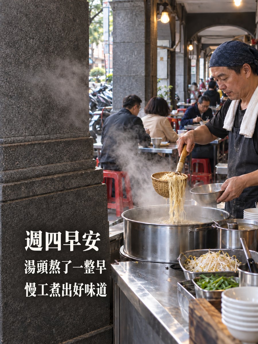 麵攤大湯鍋。圖中文字：週四早安，湯頭熬了一整早，慢工煮出好味道