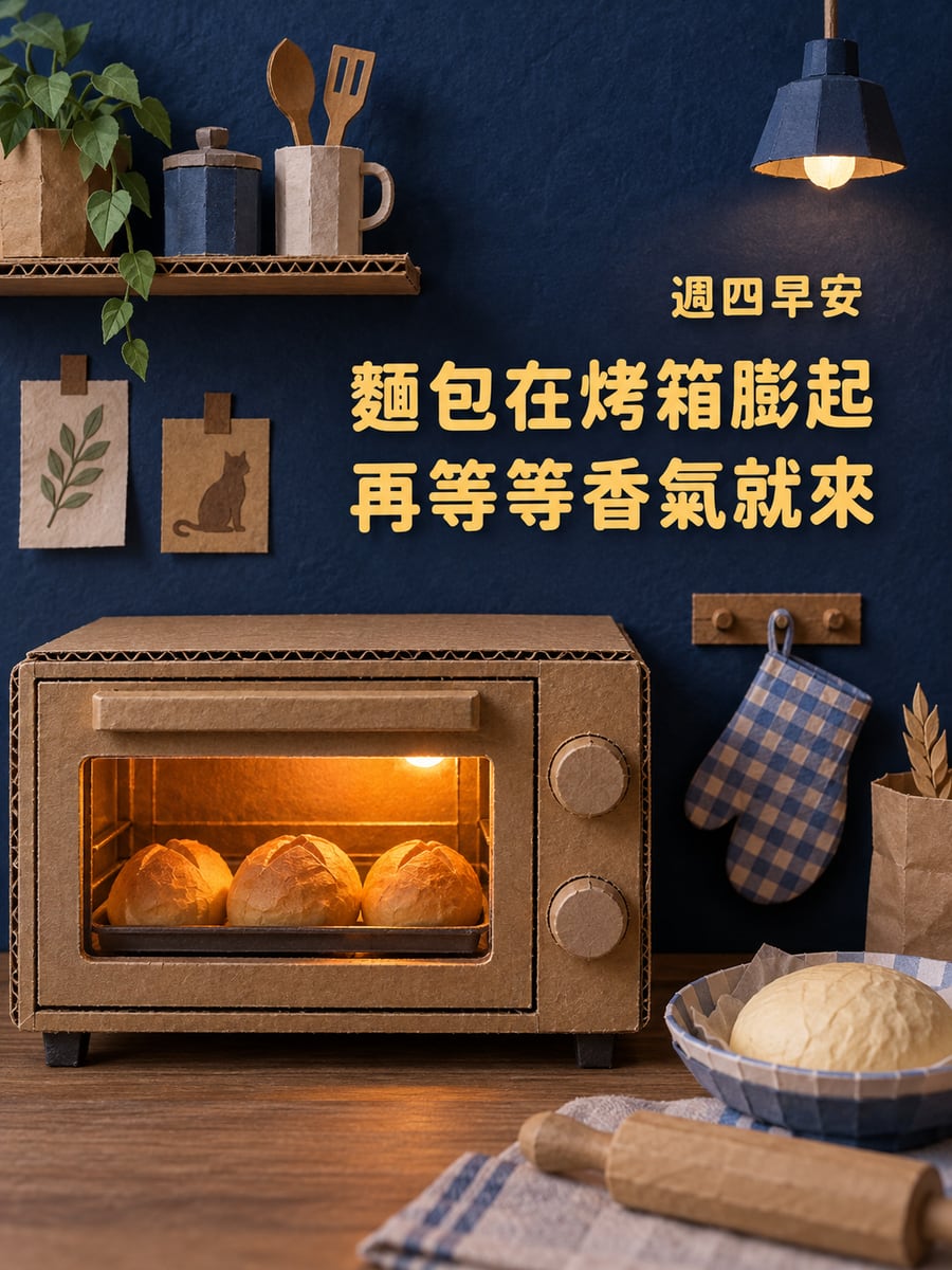 烤箱裡的麵包。圖中文字：週四早安，麵包在烤箱膨起，再等等香氣就來