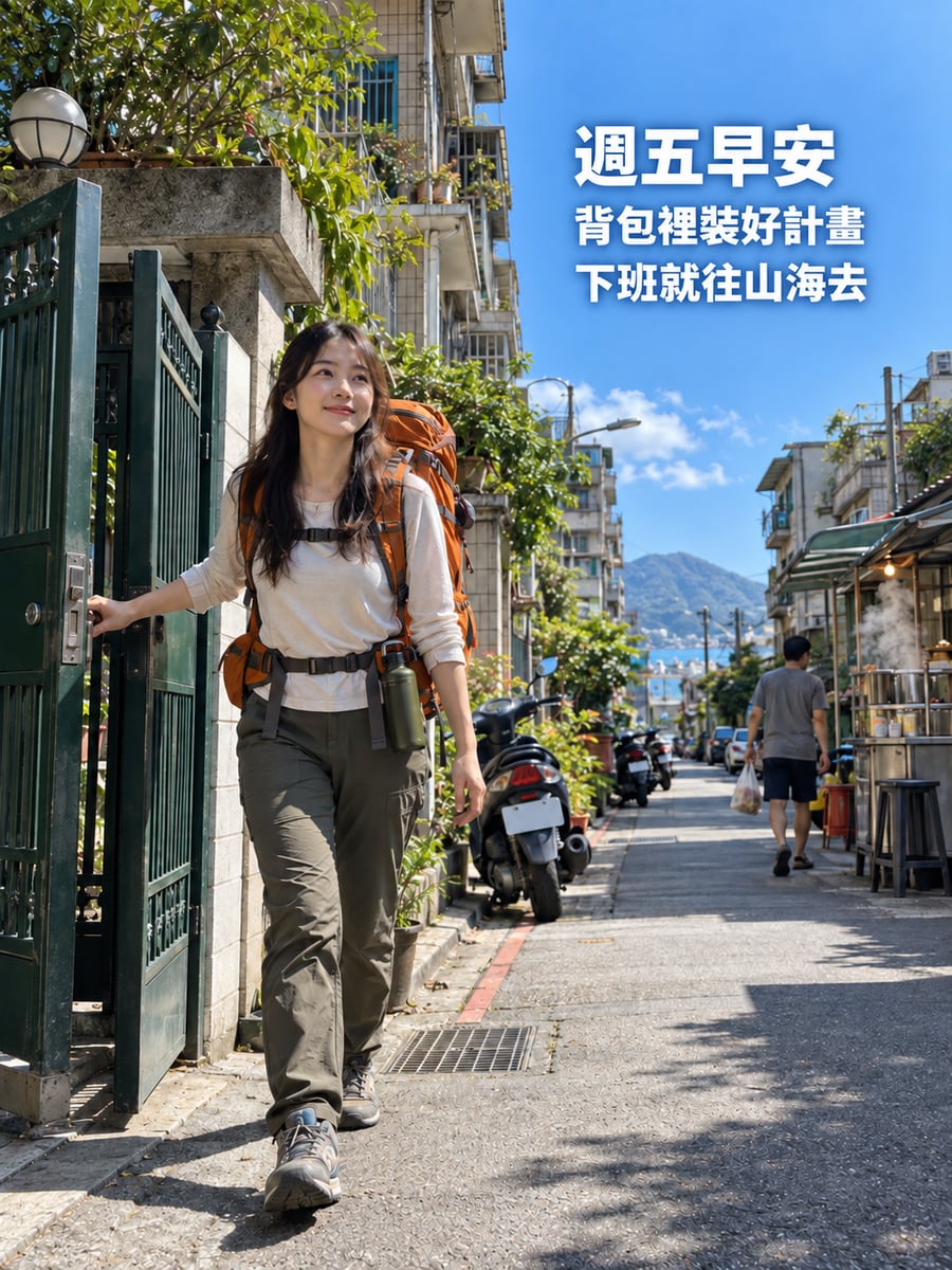 出口的週末背包。圖中文字：週五早安，背包裡裝好計畫，下班就往山海去