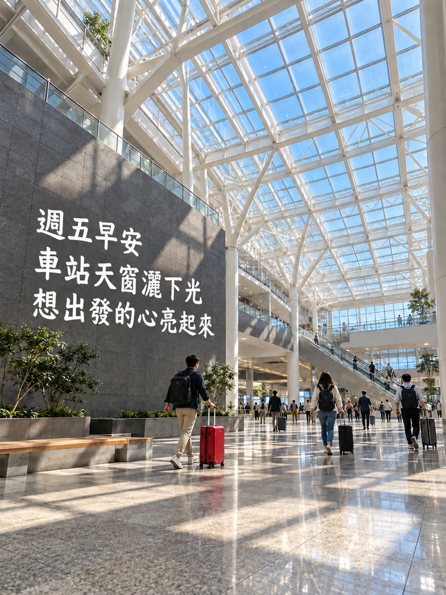 車站天窗。圖中文字：週五早安，車站天窗灑下光，想出發的心亮起來