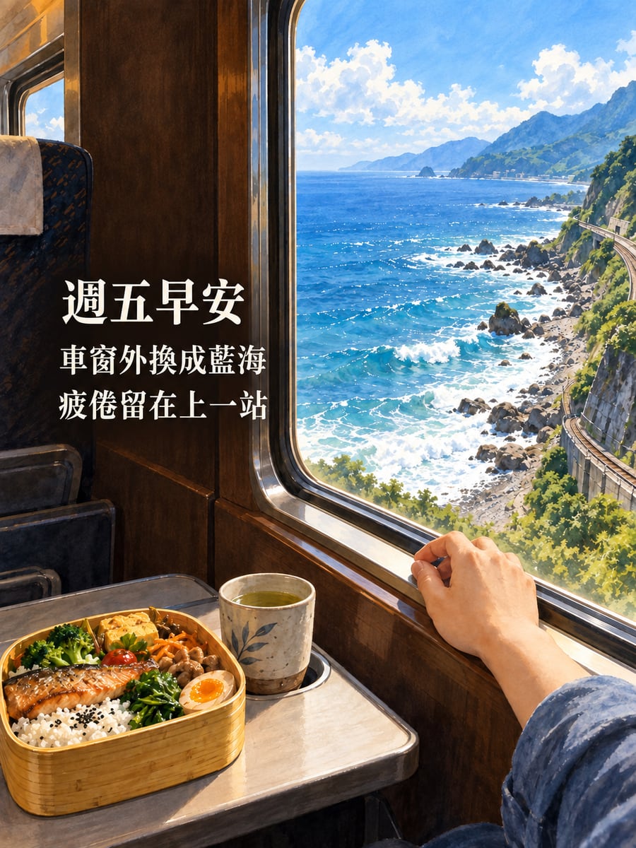車窗外的藍海。圖中文字：週五早安，車窗外換成藍海，疲倦留在上一站