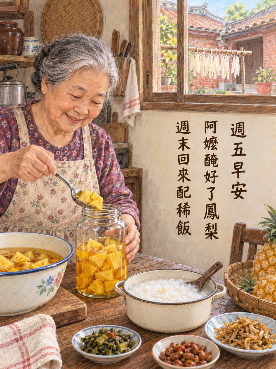 阿嬤醃鳳梨。圖中文字：週五早安，阿嬤醃好了鳳梨，週末回來配稀飯