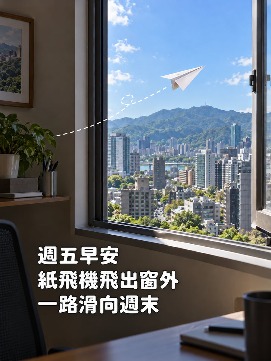 紙飛機飛向週末。圖中文字：週五早安，紙飛機飛出窗外，一路滑向週末
