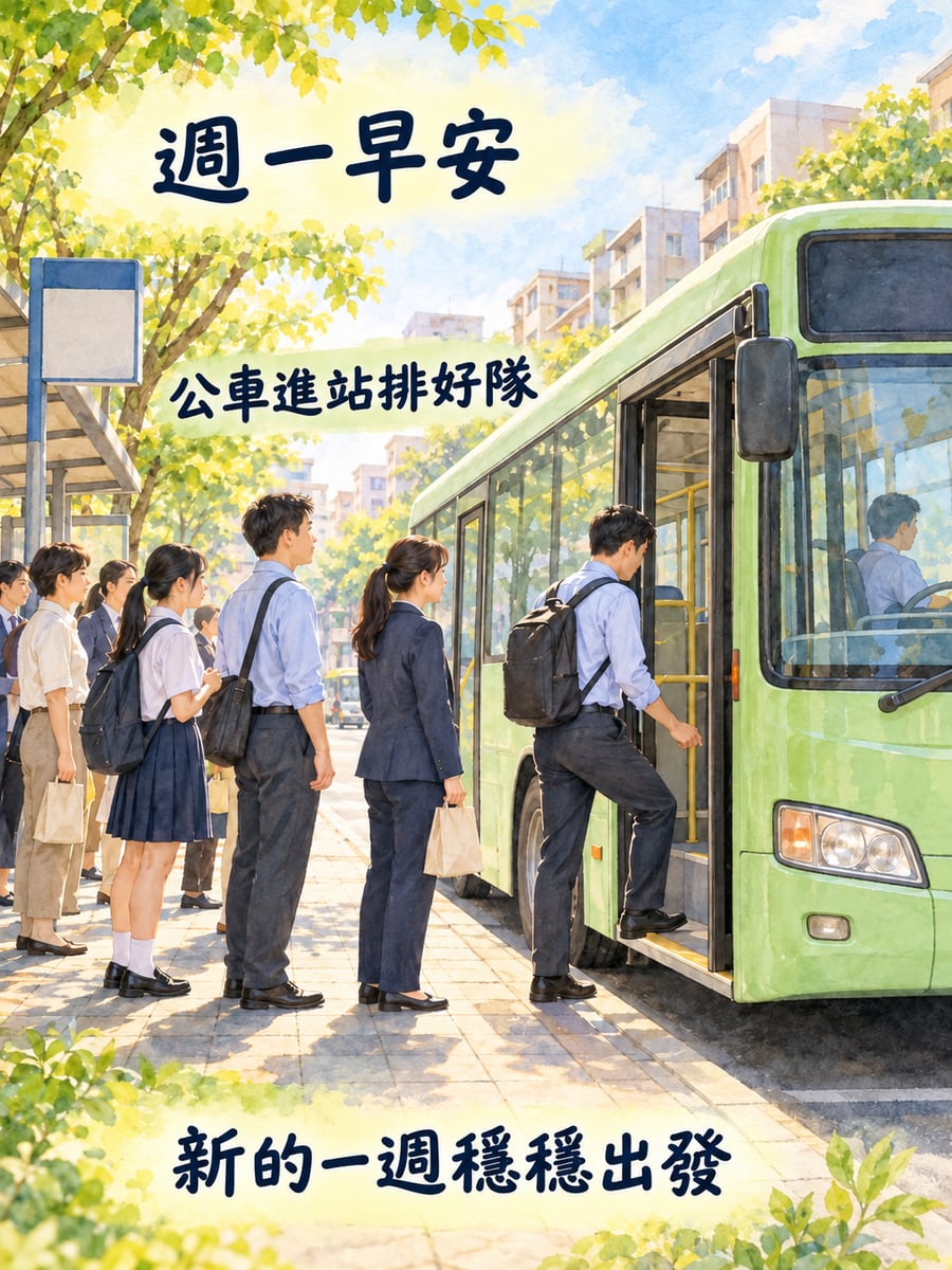 公車進站排好隊。圖中文字：週一早安，公車進站排好隊，新的一週穩穩出發