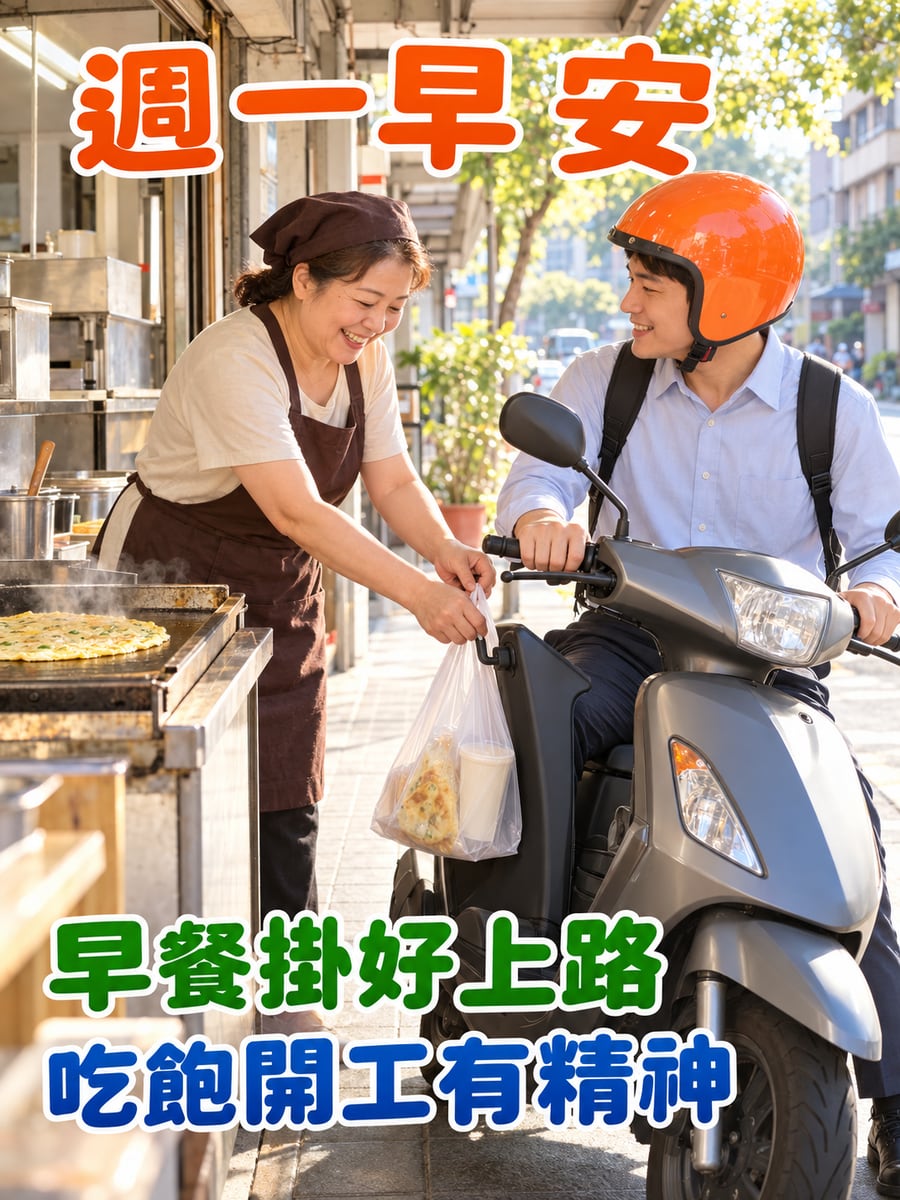 早餐掛上機車掛勾。圖中文字：週一早安，早餐掛好上路，吃飽開工有精神