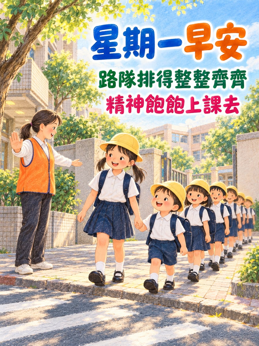 小學生排路隊。圖中文字：星期一早安，路隊排得整整齊齊，精神飽飽上課去