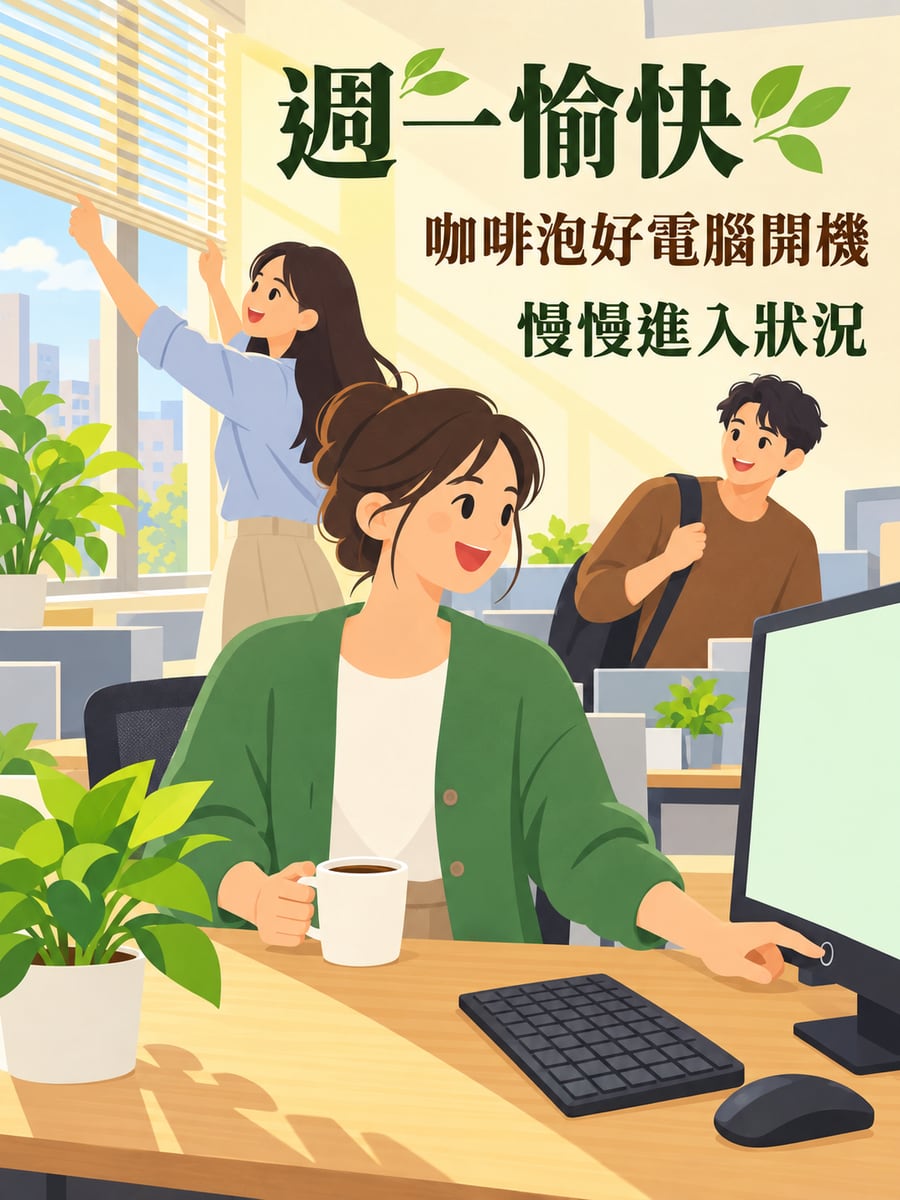 辦公室開工。圖中文字：週一愉快，咖啡泡好電腦開機，慢慢進入狀況