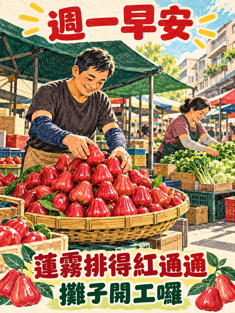 蓮霧攤開工。圖中文字：週一早安，蓮霧排得紅通通，攤子開工囉