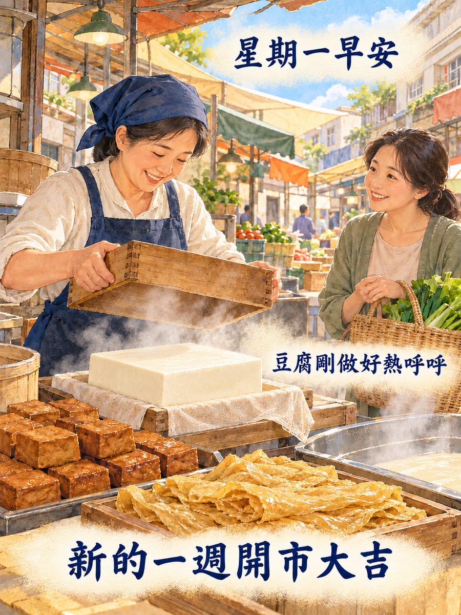 豆腐攤冒熱氣。圖中文字：星期一早安，豆腐剛做好熱呼呼，新的一週開市大吉
