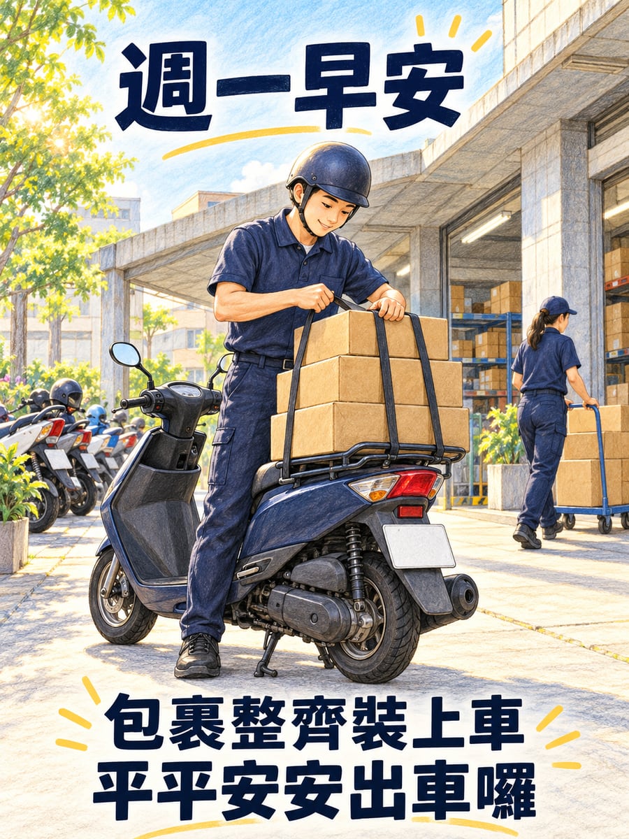 送貨員裝好包裹出車。圖中文字：週一早安，包裹整齊裝上車，平平安安出車囉