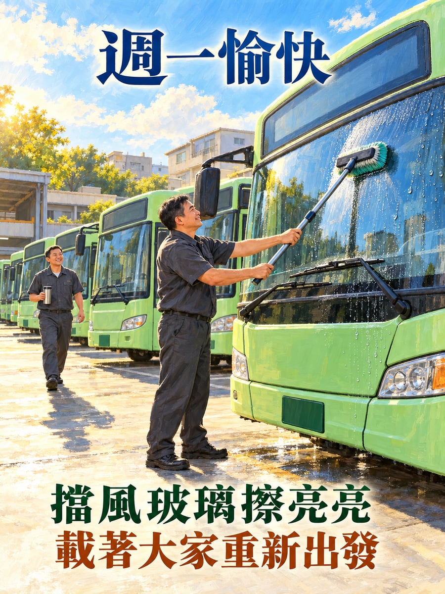 司機擦亮擋風玻璃。圖中文字：週一愉快，擋風玻璃擦亮亮，載著大家重新出發