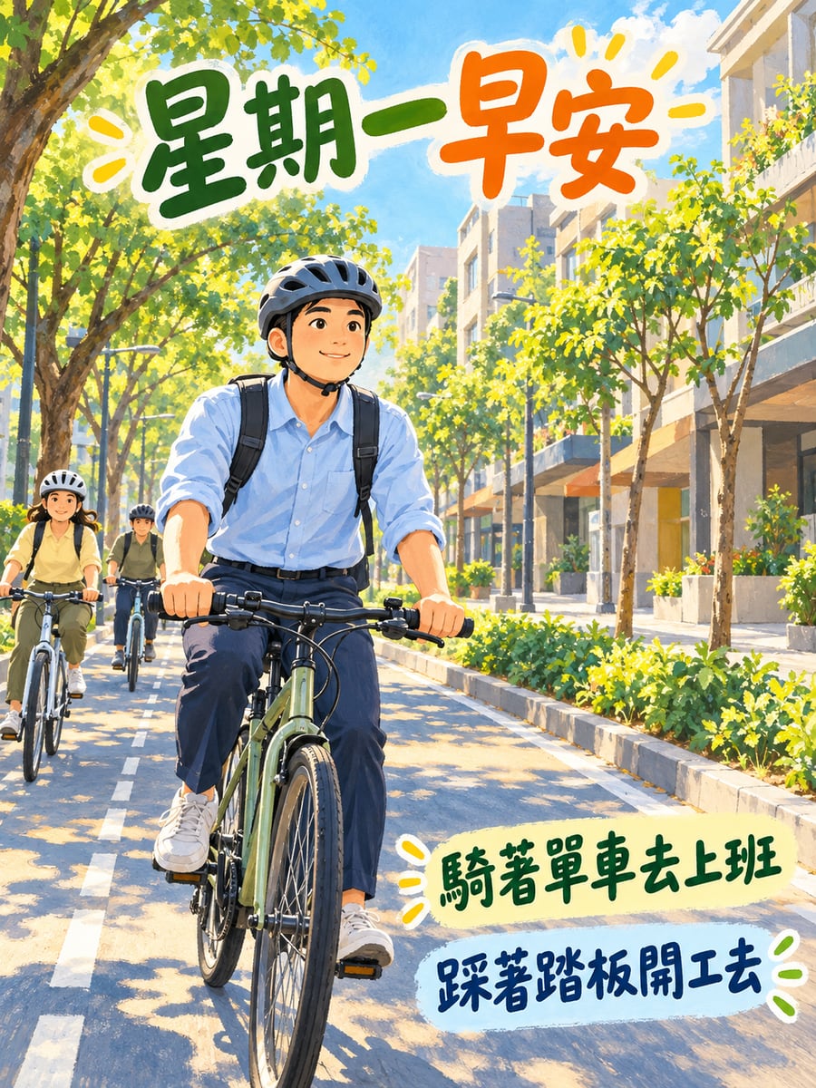 騎單車去上班。圖中文字：星期一早安，騎著單車去上班，踩著踏板開工去