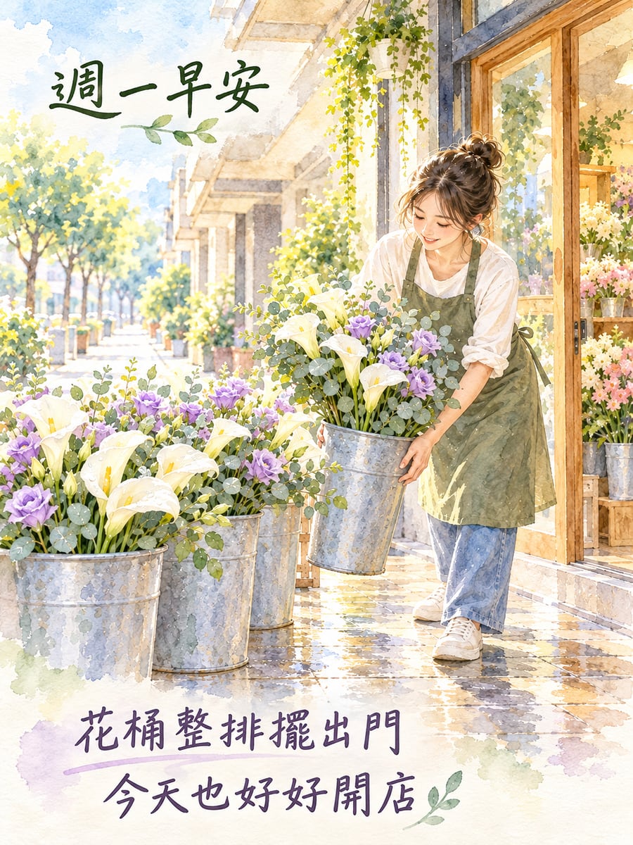 花店擺出花桶。圖中文字：週一早安，花桶整排擺出門，今天也好好開店