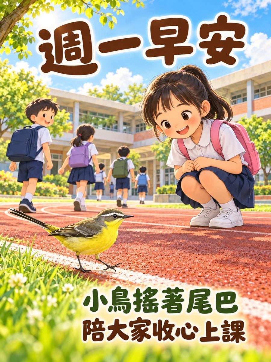 操場上的黃鶺鴒。圖中文字：週一早安，小鳥搖著尾巴，陪大家收心上課