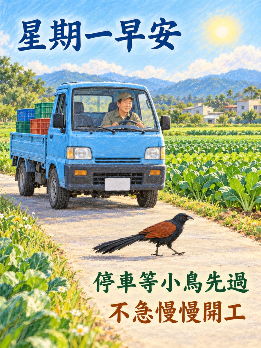 貨車停下讓番鵑先過。圖中文字：星期一早安，停車等小鳥先過，不急慢慢開工