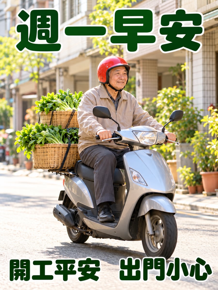 阿伯騎車去開市。圖中文字：週一早安，開工平安，出門小心