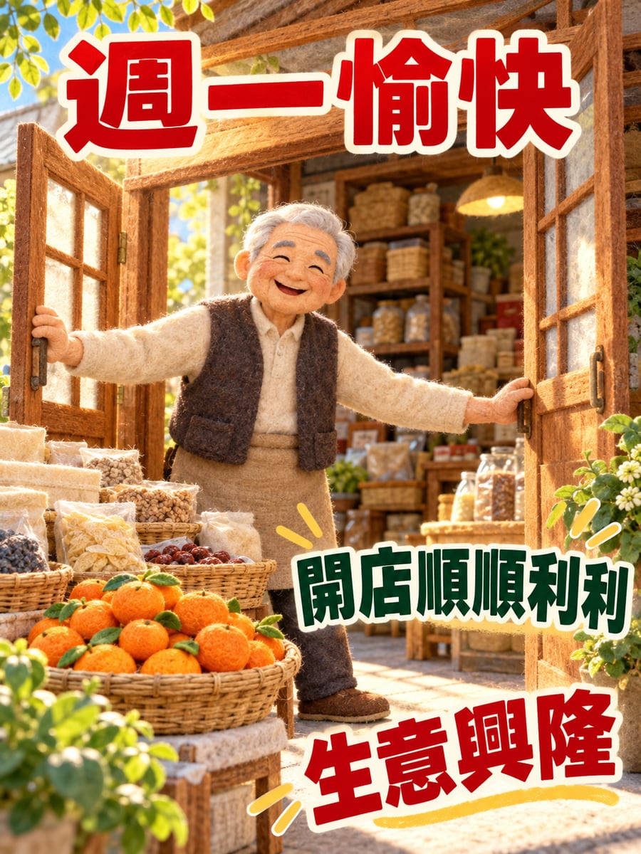 阿公的雜貨店開門。圖中文字：週一愉快，開店順順利利，生意興隆