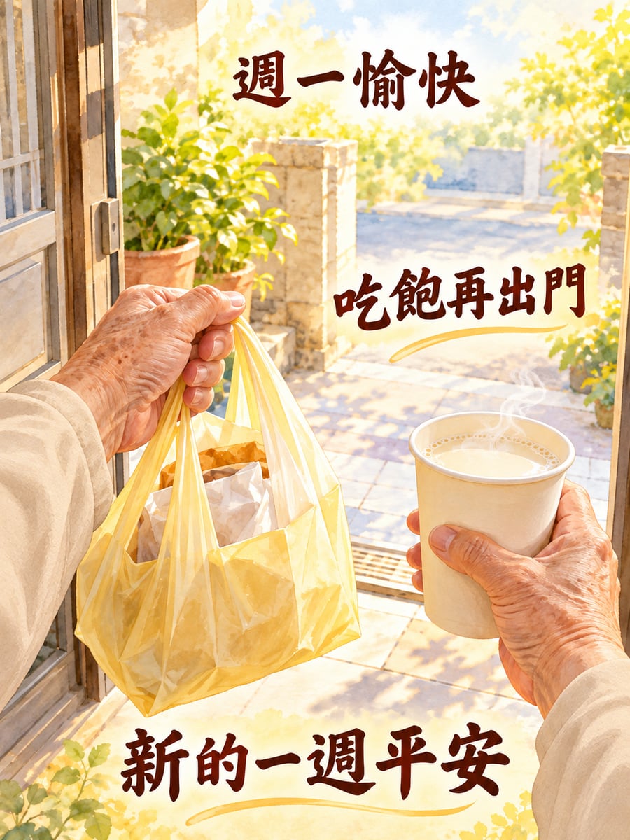 提著熱豆漿出門。圖中文字：週一愉快，吃飽再出門，新的一週平安