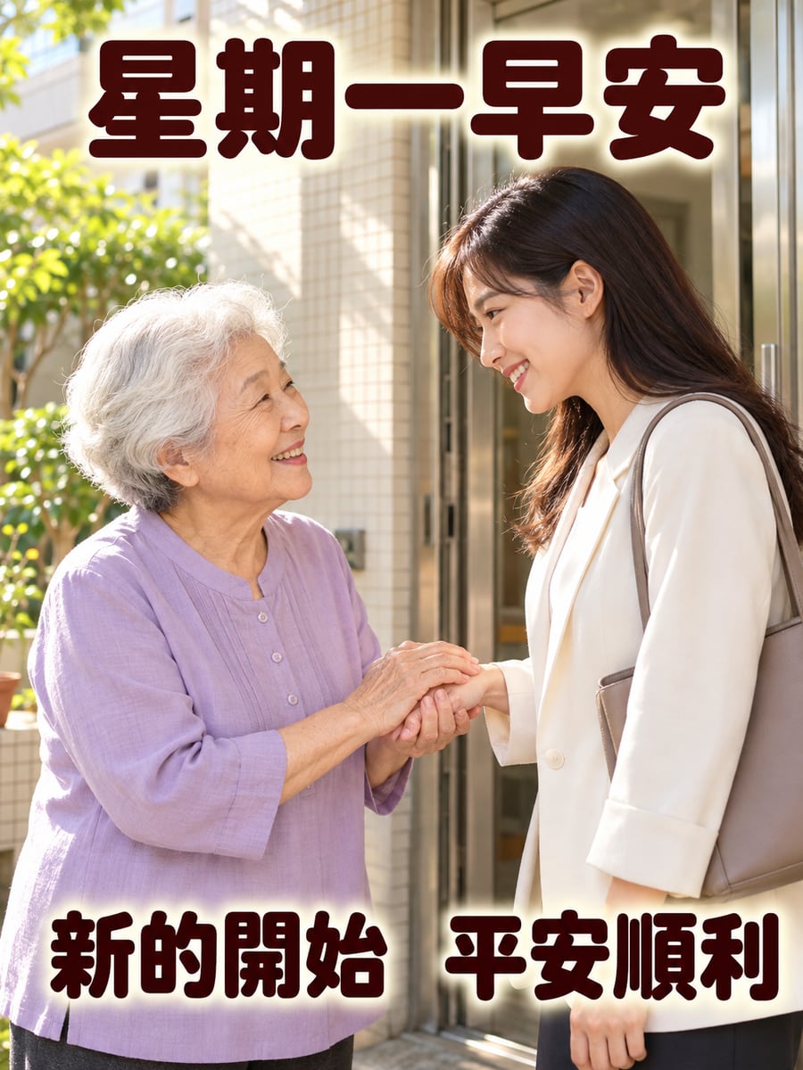 阿嬤握著孫女的手叮嚀。圖中文字：星期一早安，新的開始，平安順利