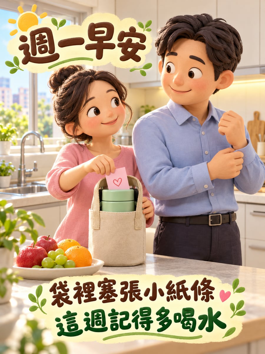 水壺袋裡的愛心紙條。圖中文字：週一早安，袋裡塞張小紙條，這週記得多喝水