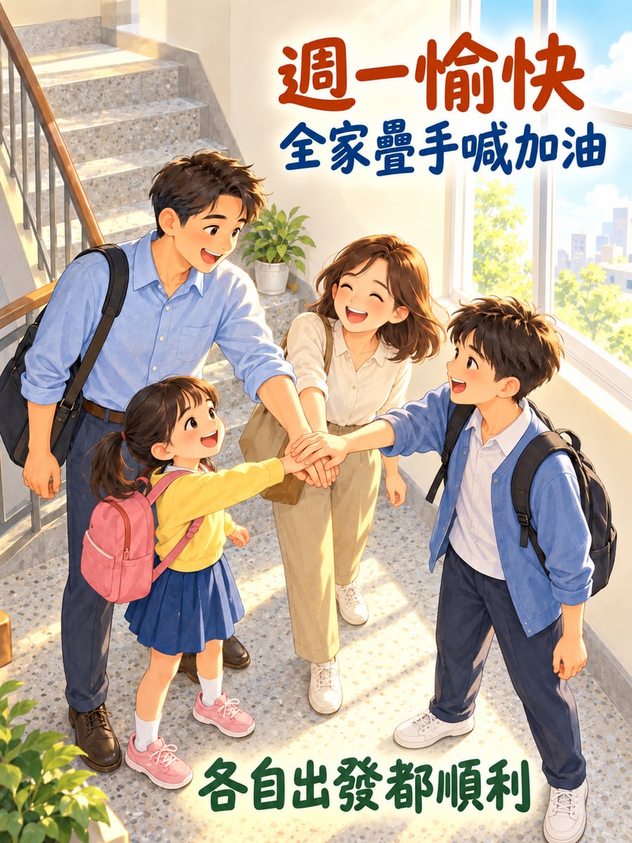 全家疊手喊加油。圖中文字：週一愉快，全家疊手喊加油，各自出發都順利