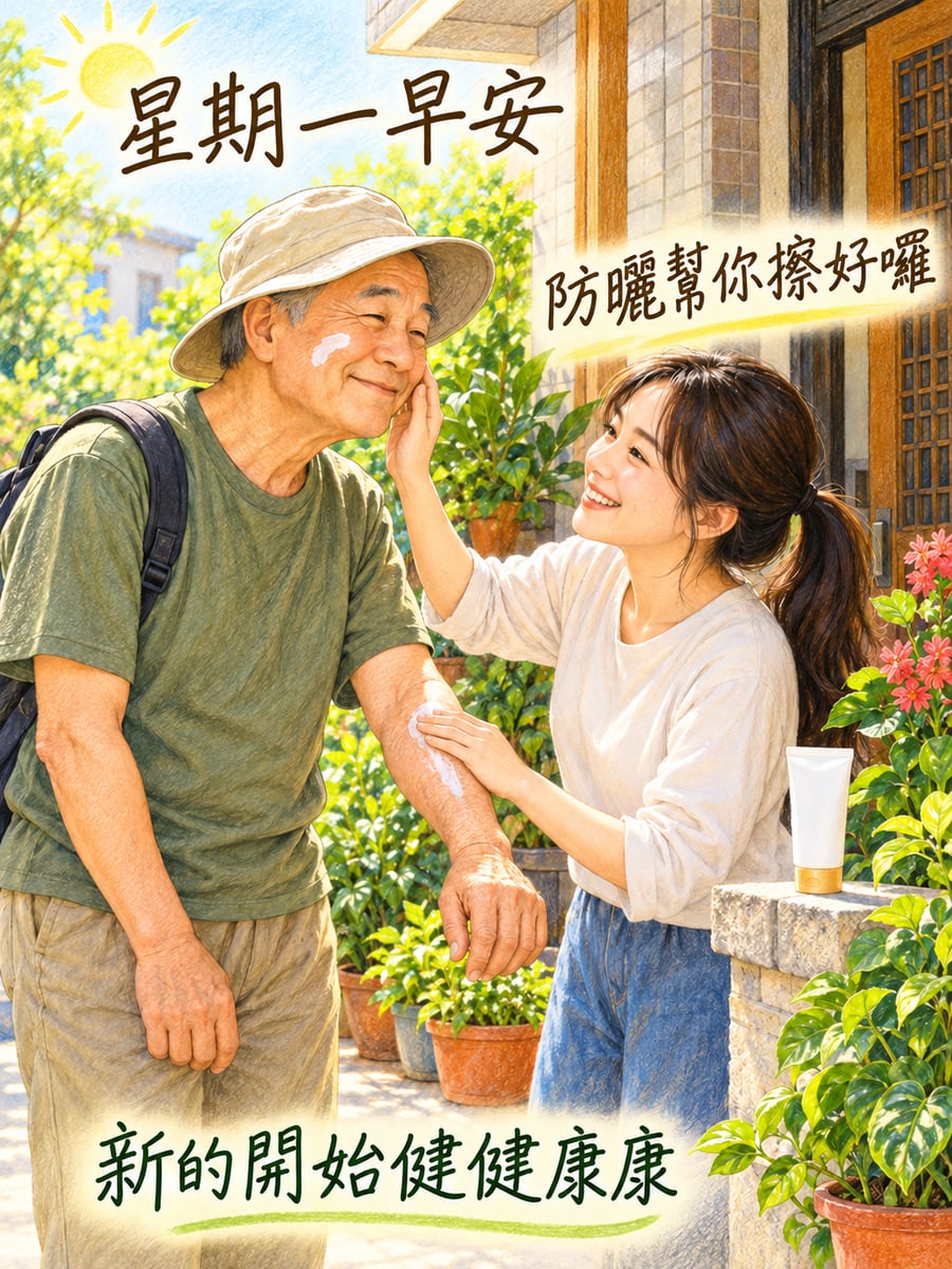 女兒幫爸爸擦防曬。圖中文字：星期一早安，防曬幫你擦好囉，新的開始健健康康