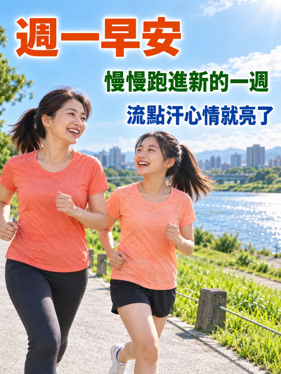 母女河濱晨跑。圖中文字：週一早安，慢慢跑進新的一週，流點汗心情就亮了