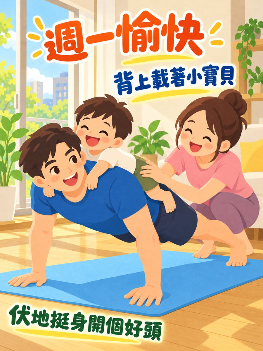 背著寶貝做伏地挺身。圖中文字：週一愉快，背上載著小寶貝，伏地挺身開個好頭