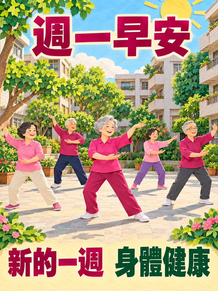 中庭跳元極舞。圖中文字：週一早安，新的一週，身體健康