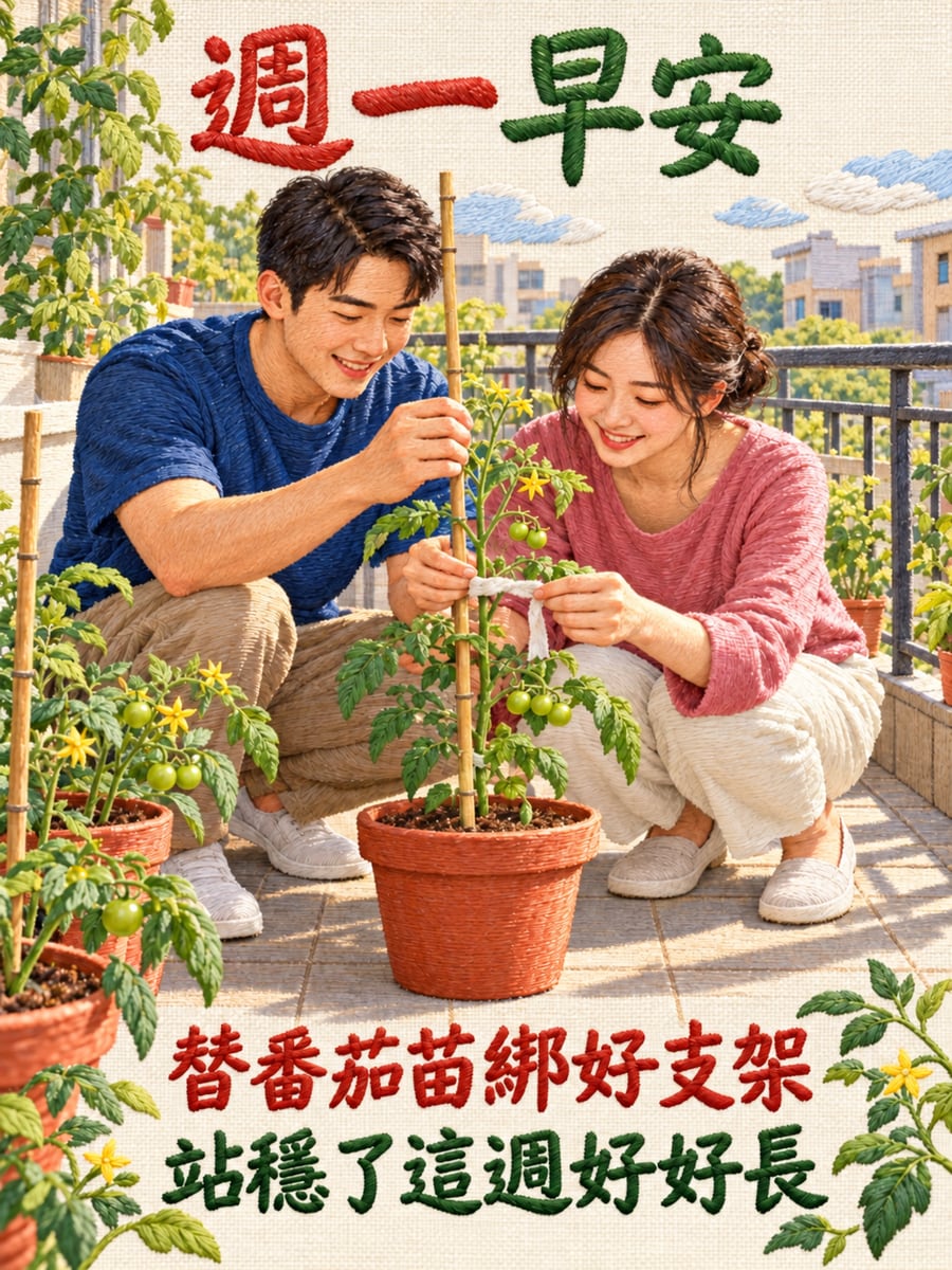 替番茄苗綁支架。圖中文字：週一早安，替番茄苗綁好支架，站穩了這週好好長