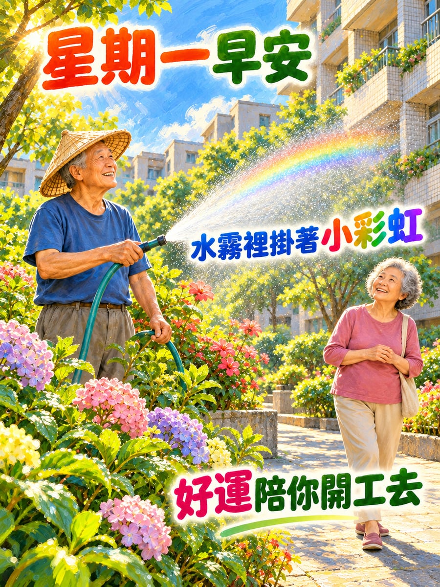 灑水灑出小彩虹。圖中文字：星期一早安，水霧裡掛著小彩虹，好運陪你開工去