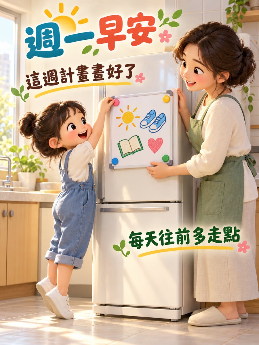 冰箱門上的小白板。圖中文字：週一早安，這週計畫畫好了，每天往前多走點